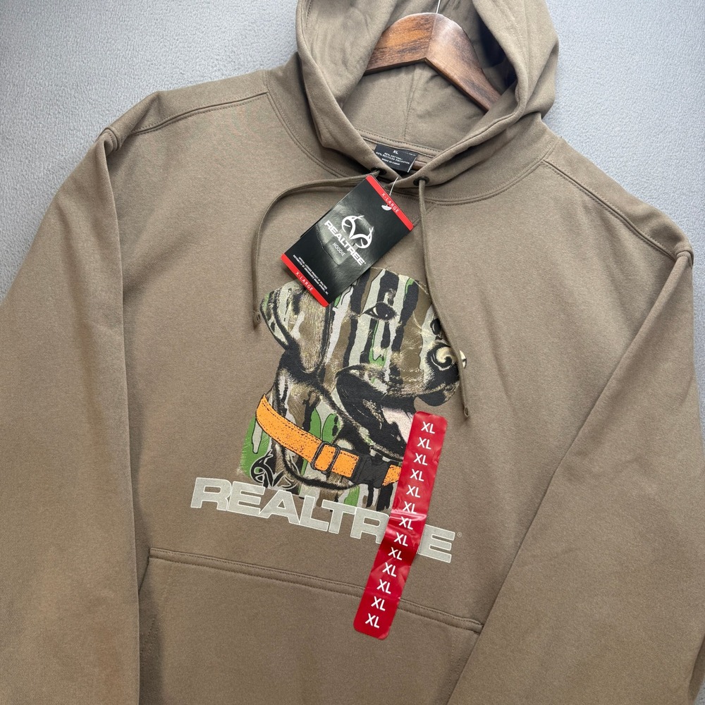 Realtree RT Good Boy Hoodie Mens XL Taupe Cotton Blend Graphic Dog Hunting NWT